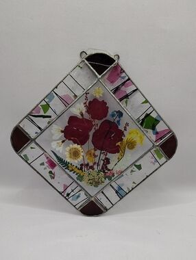 Vintage Handmade Floral Stained Glass Art Panel - Red & Multicolor